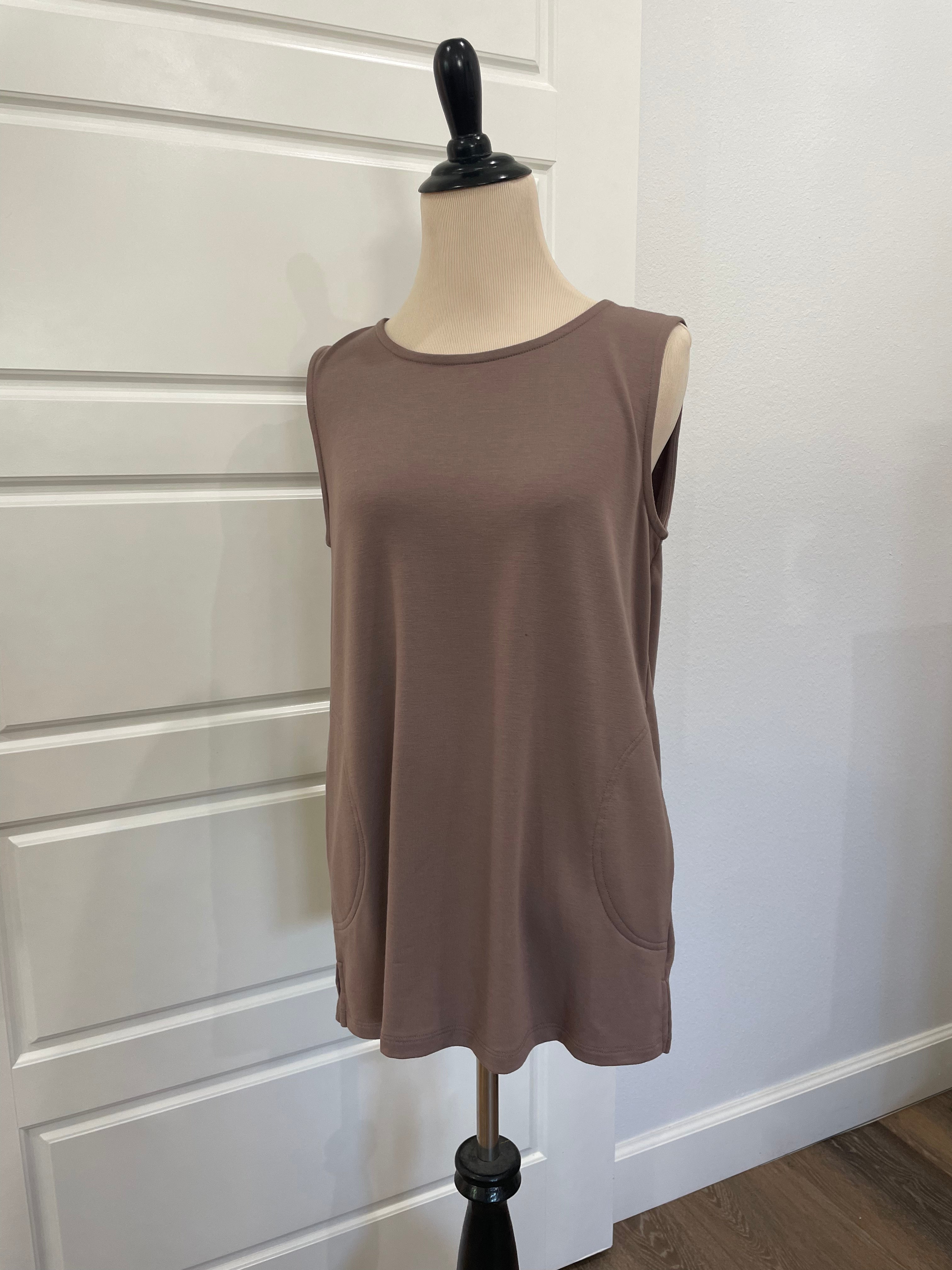 Calvin Klein Sleeveless Knit Mini Dress / Tunic with Pockets – Taupe (Size S)