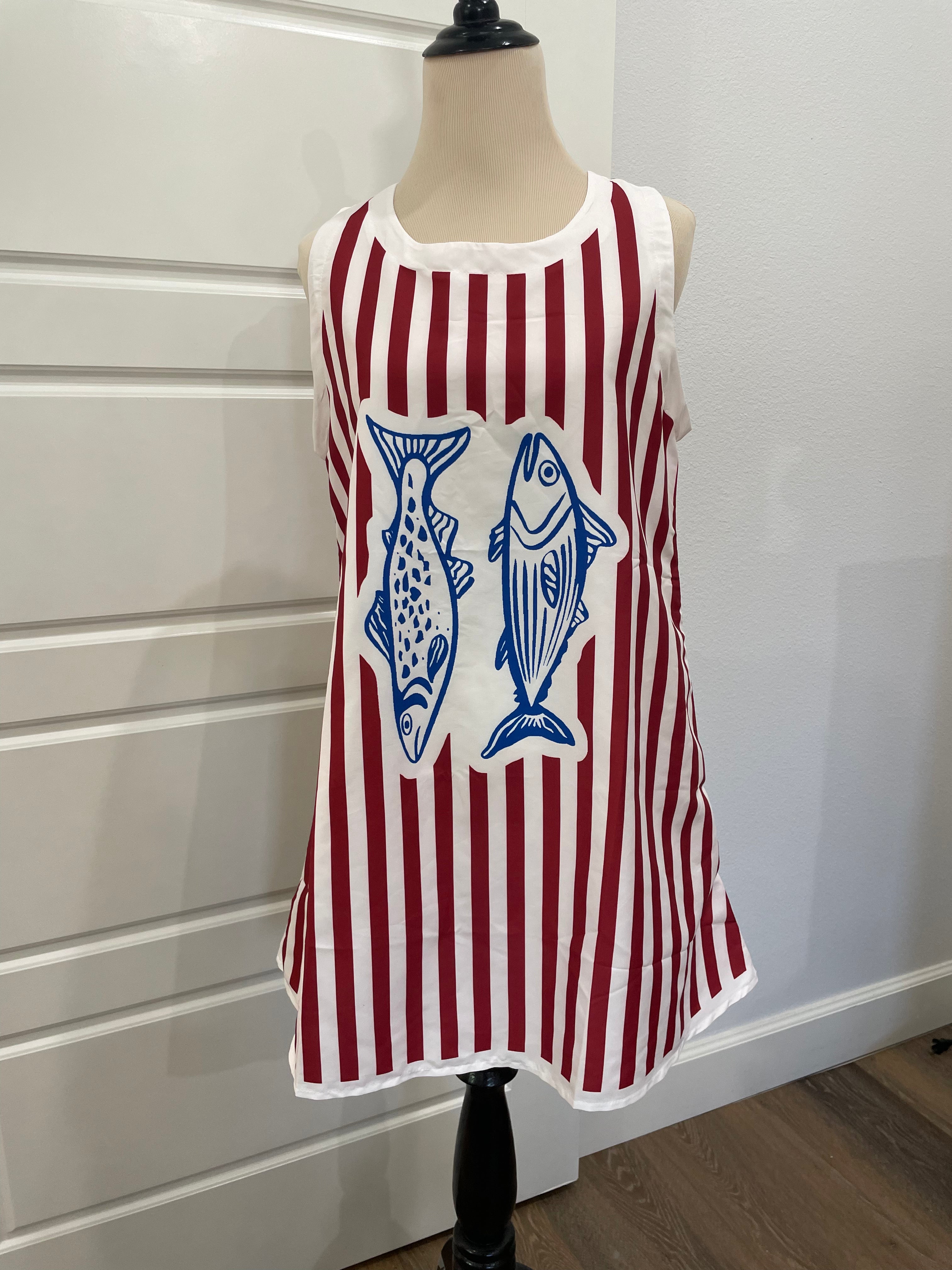 MAKALALA Women's Coastal Fish Print Striped Tank Mini Dress