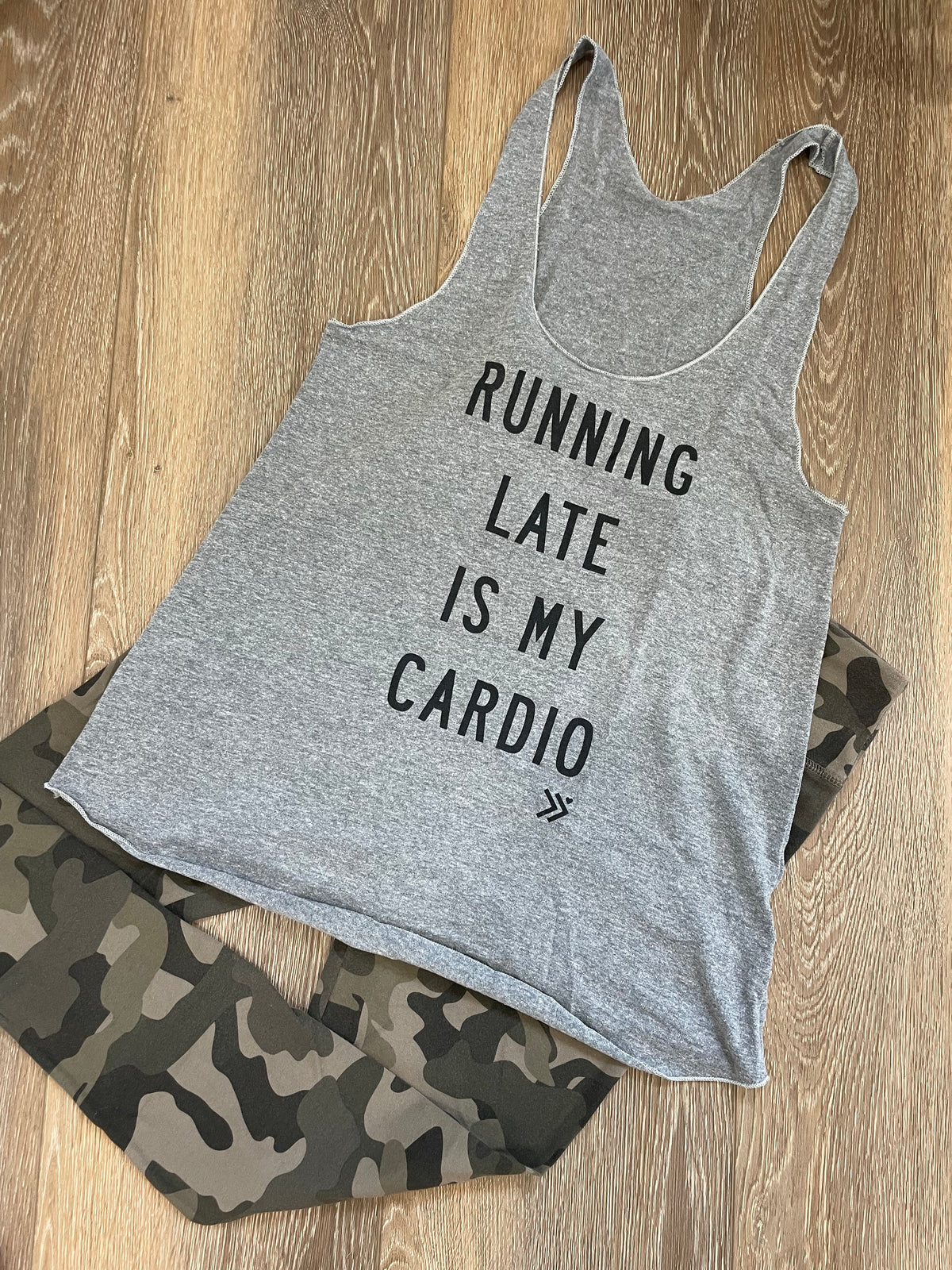 Chin Up "Running Late Is My Cardio" Gray Racerback Workout Tank Top - Size Small