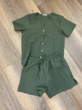 Ekouaer Olive Green Waffle Knit 2-Piece Lounge Set Short Sleeve Button Down & Shorts – Size Small (S)