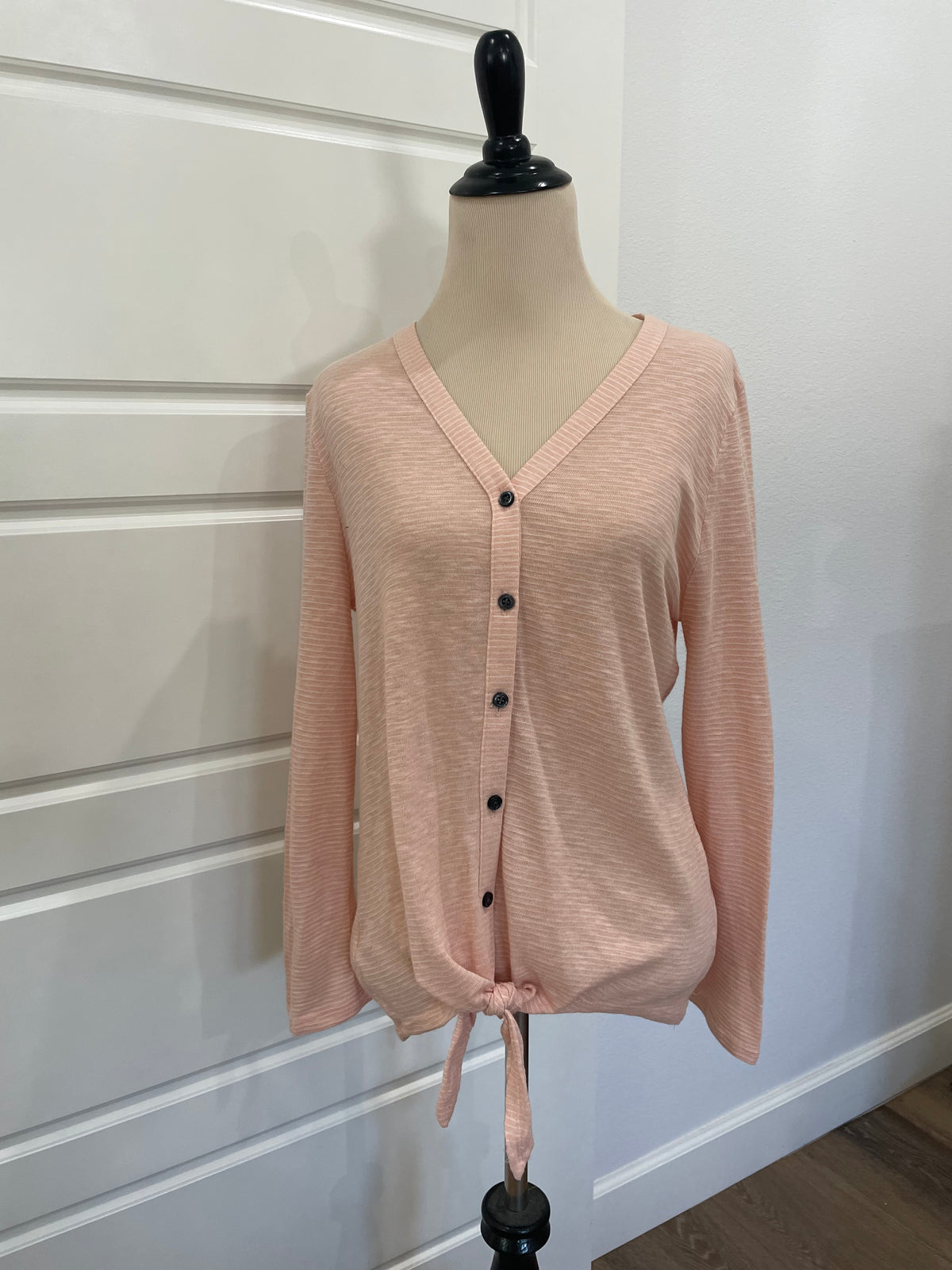 LOFT Blush Pink Striped Slub Knit Long Sleeve Tie-Front Cardigan Top – Size Medium (M)