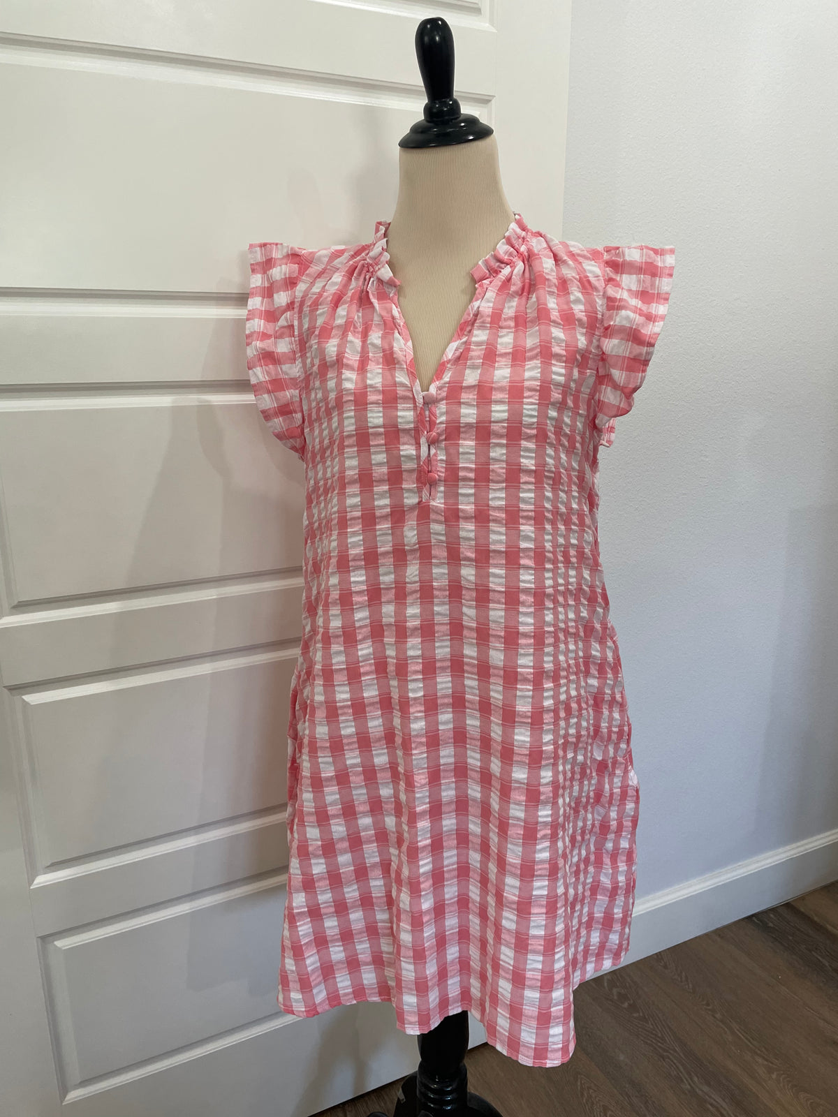 Time and Tru Pink Gingham Ruffle Neck Flutter Sleeve Dress w/ Pockets – Size Medium (8-10)