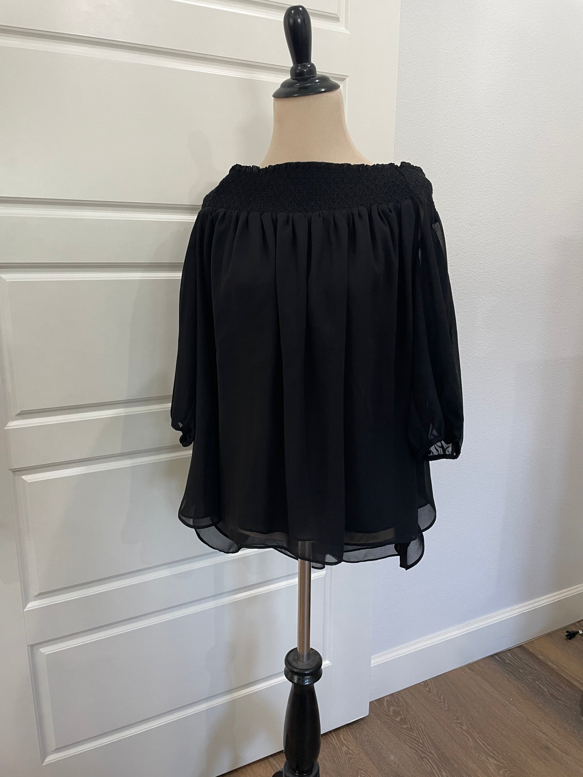 LOFT Black Chiffon Off-The-Shoulder Smocked Blouse - Size Medium