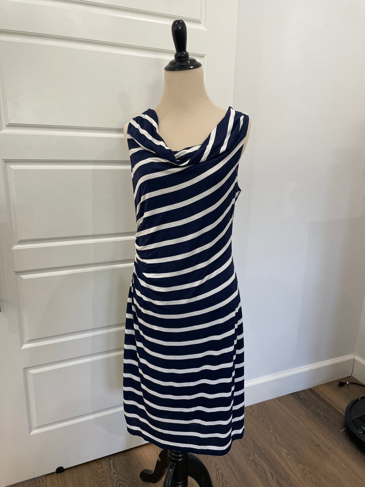 LOFT Navy Blue & White Striped Cowl Neck Sleeveless Sheath Midi Dress - Size Medium