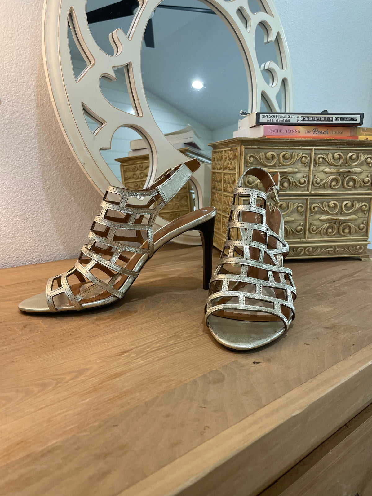 Lauren Ralph Lauren Metallic Champagne Gold Cage Sandals Strappy Heels Size 8.5