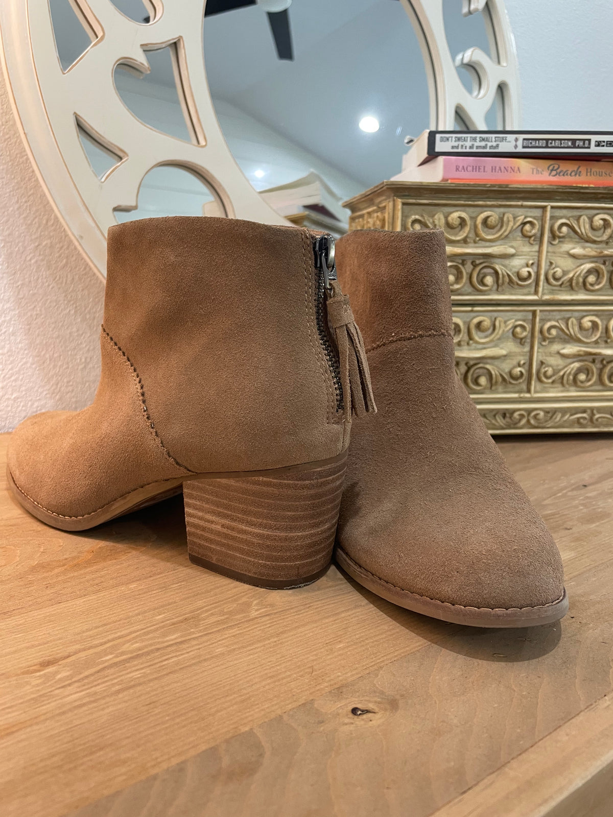 TOMS Taupe Suede Back-Zip Tassel Ankle Booties Stacked Block Heel Size 8.5M
