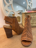 Gianni Bini Perforated Tan Suede Open Toe Booties Block Heel Slingback Size 8.5